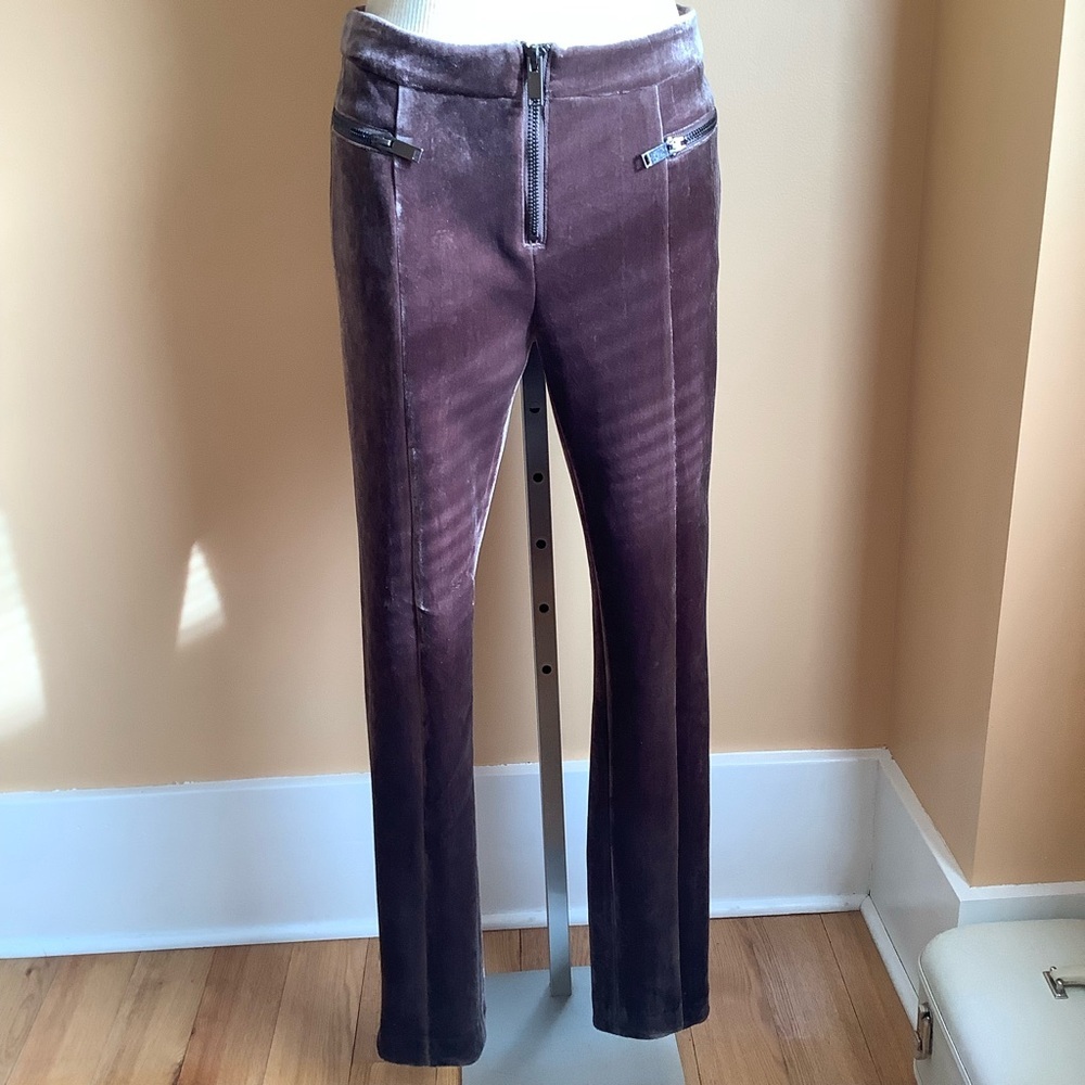 ESLEY Brown Thick Stretch Velour Trousers Zipper Detail Size M